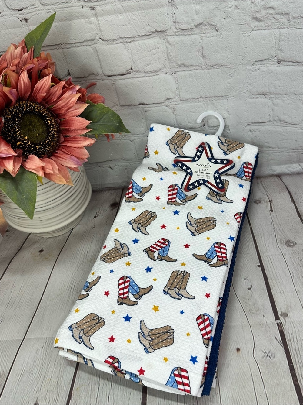 color drift Patriotic Cowboy Boot Kitchen Towels 3pc western summer 4th of july